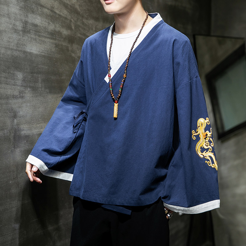 2024秋冬风男装棉麻亚麻道袍外套刺绣和服大码C229/Y31/P85,男装衬衫,电商C229