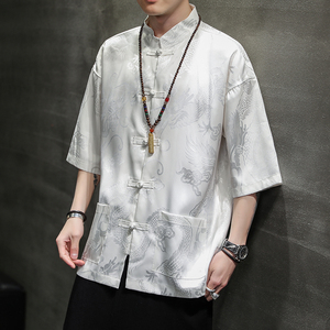 风男装冰丝唐装汉服短袖五分袖复古衬衫衬衣C229/Y620/P50图片