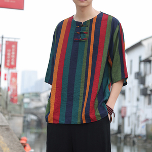 2024春夏风男装条纹盘扣中式唐装汉服短袖T恤C229/T173/P50图片