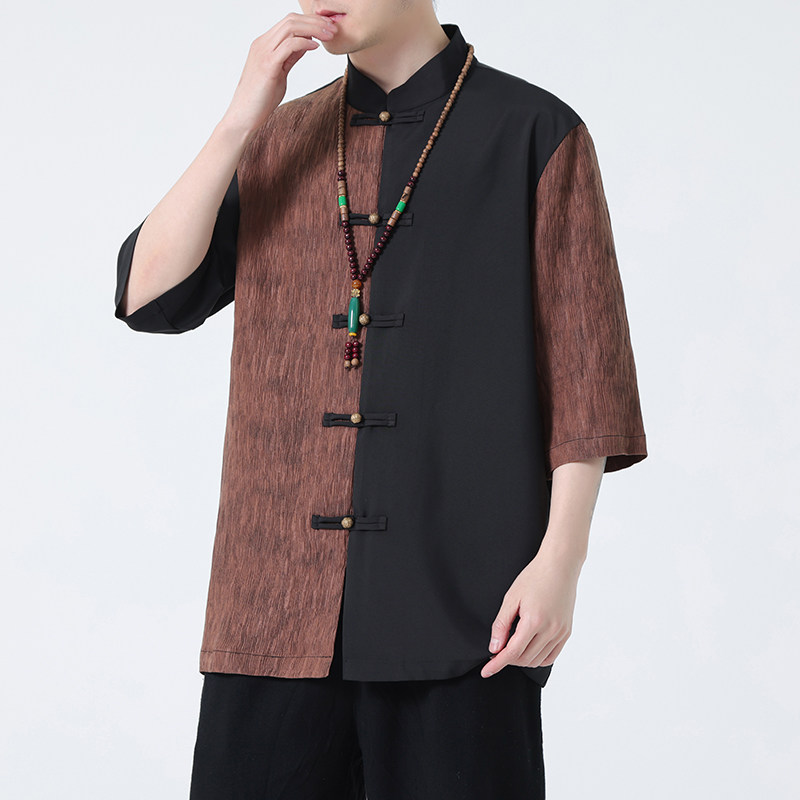 2024春夏新款风男装撞色拼接唐装汉服短袖衬衫C229-Y904-P65,男装衬衫,电商C229