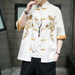 2024夏风男装刺绣唐装汉服短袖五分袖衬衫衬衣C229/Y656/P60图片
