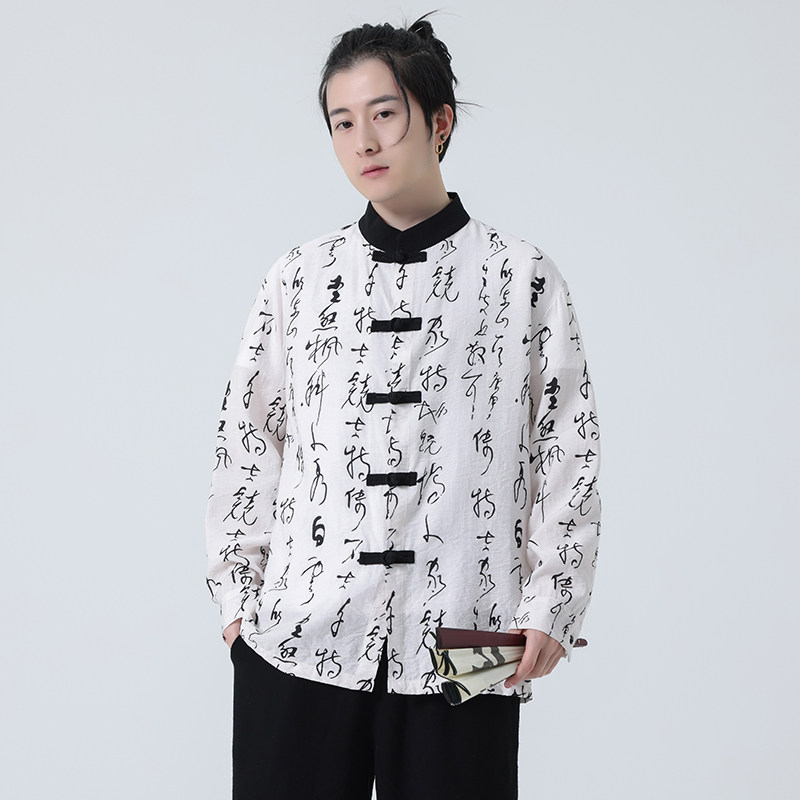 2024春夏新款风男装印花棉麻唐装汉服长袖衬衫C229-Y999-P75图片