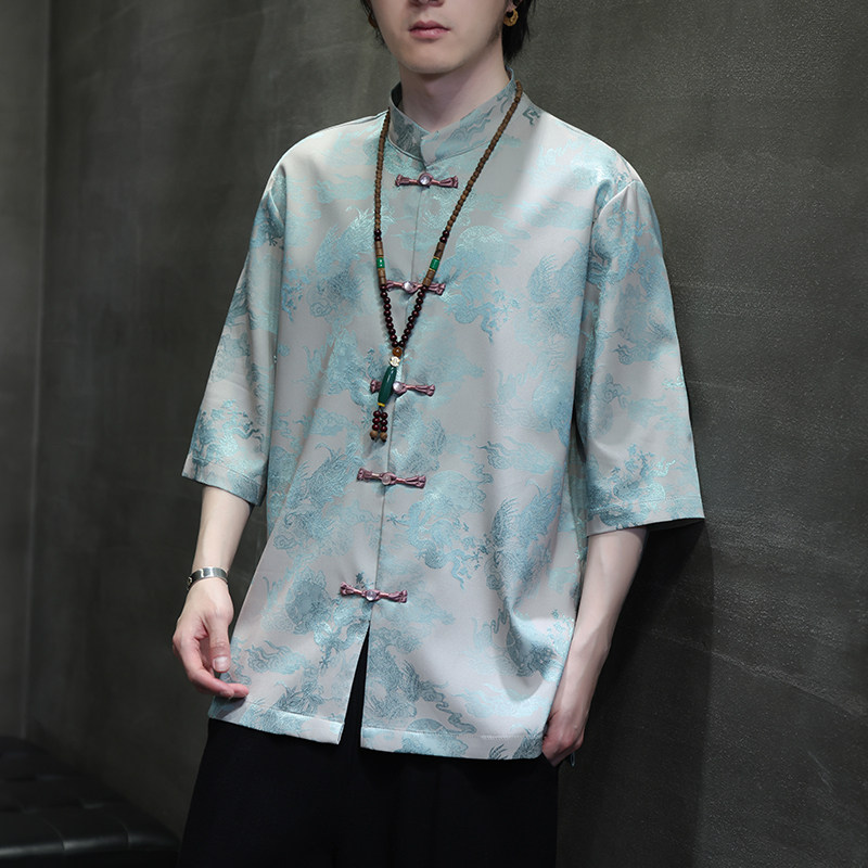 2024夏季风男装龙图案唐装汉服短袖五分袖衬衫C229-Y1030-P70,男装衬衫,电商C229