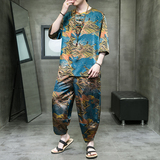 2023风男装复古中式印花唐装汉服套装两件套C229/TZ356/P100，男装休闲套装，电商C229
