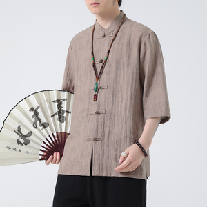 2024夏风男装盘扣唐装汉服短袖五分袖衬衫衬衣C229-Y1018-P65图片
