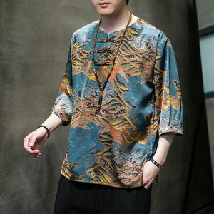 2023夏季风男装冰丝唐装汉服短袖五分袖T恤大码C229/T197/P55图片