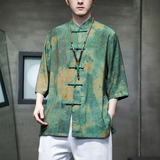 2025夏季风男装印花唐装盘扣中式汉服短袖衬衫C229-Y1004-P70，商品下架区，电商C229