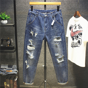 夏季刮烂破洞牛仔裤男潮牌漏洞宽松小直筒九分哈伦韩版潮流乞丐裤