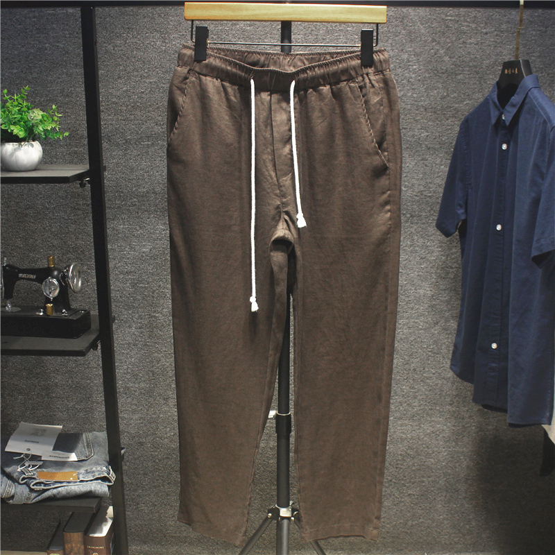 夏季薄款100%亚麻裤男系带纯麻料九分休闲裤直筒透气全麻布裤子男
