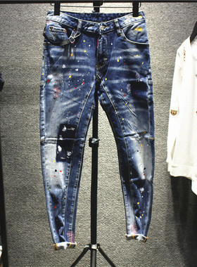 欧美风街头拼接款D2牛仔裤男士重工艺油漆泼墨裤子个性潮男潮牌裤