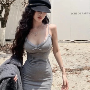 纯欲风性感辣妹蕾丝吊带胸垫睡裙V领外穿内搭女显瘦包臀连衣裙子