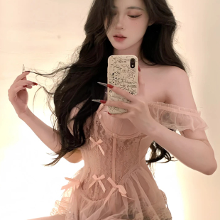 纯欲风私房带胸垫睡裙女蕾丝小胸聚拢马甲蓬蓬裙大胸鱼骨内衣套装