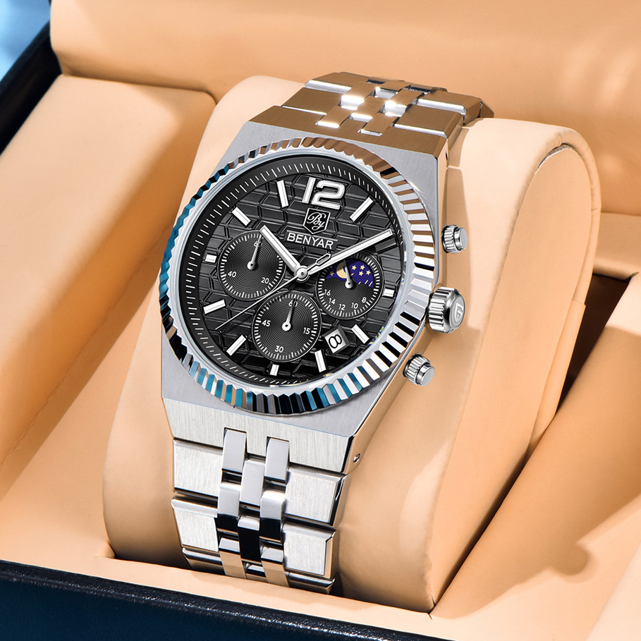 BENYAR 宾雅 新款男士石英手表多功能计时不锈钢夜光防水手表5225