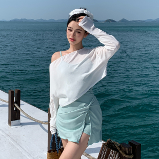 款 新款 连体罩衫 胖mm裙式 遮肚显瘦ins风 海边度假薄荷绿泳衣女大码