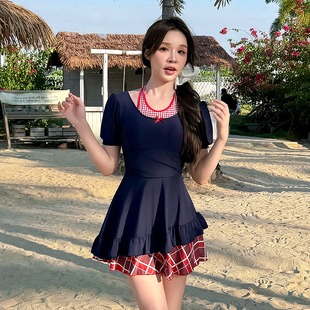 胖mm显瘦保守藏蓝色格子拼接高级感泳装 小清新连体泳衣女裙式 大码