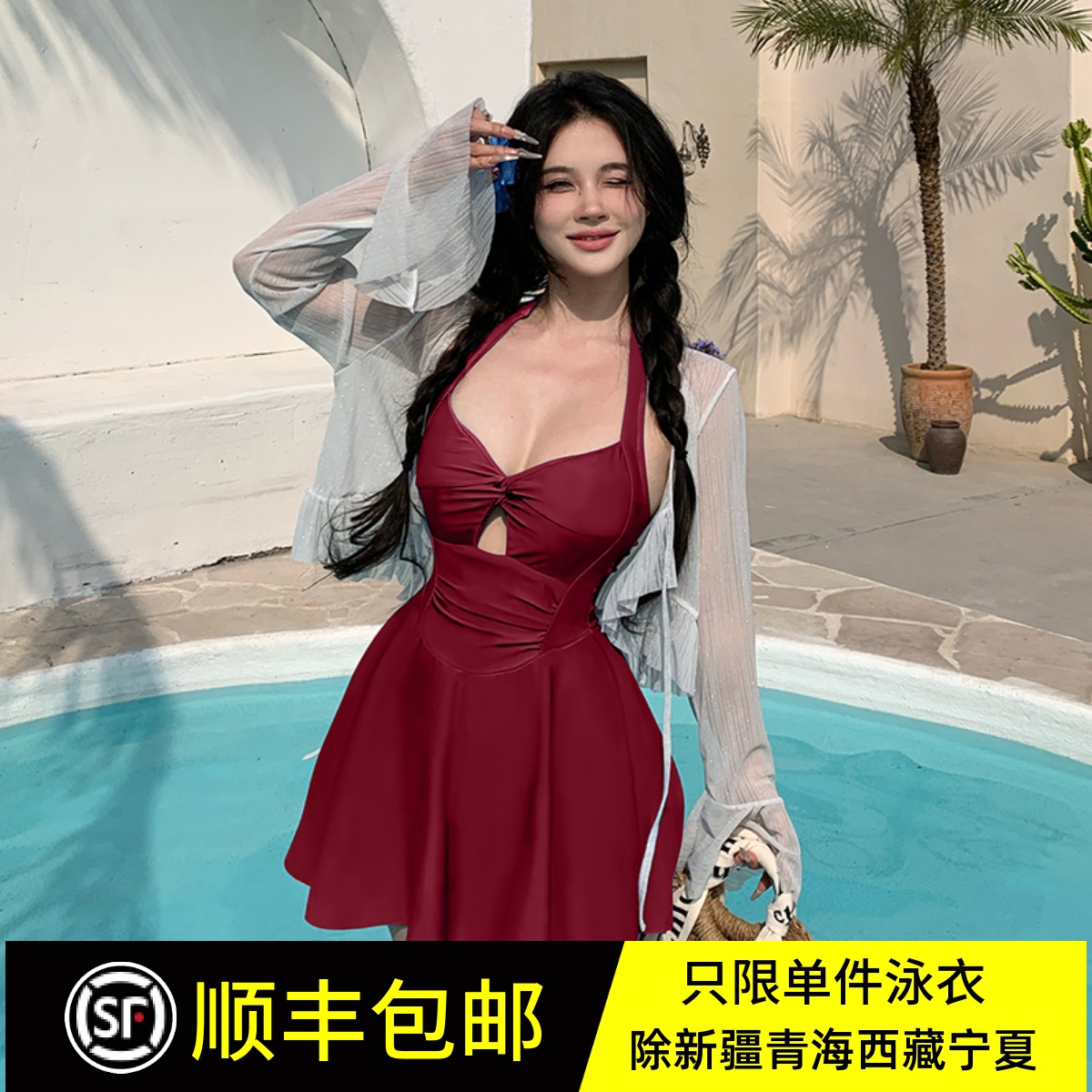 微胖女孩泳衣女裙式连体保守遮肚显瘦大码胖mm泡温泉度假泳装