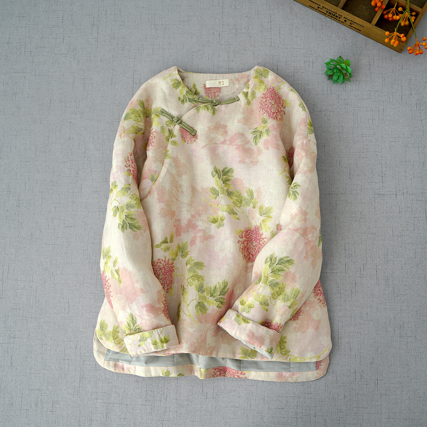 亚麻印花小袄中式斜襟夹棉外套