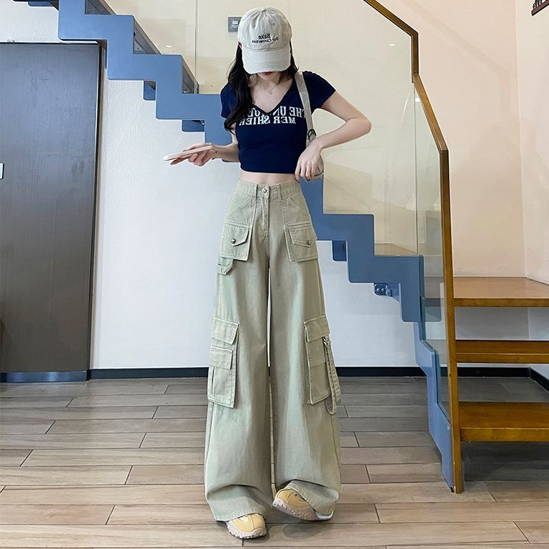 浅灰多袋工装牛仔裤女
