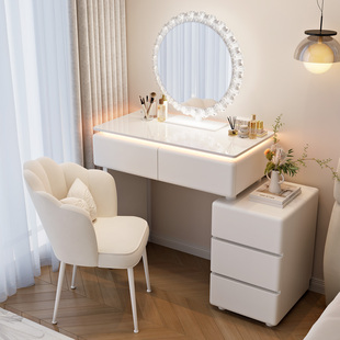 带灯实木梳妆台卧室现代简约小型奶油风化妆桌床头收纳柜一体白色