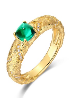 轻奢925纯银镀金镶嵌祖母绿戒指