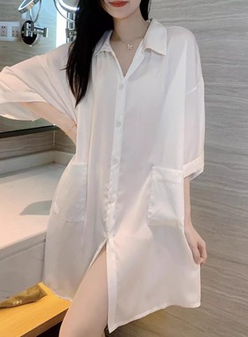 性感白色衬衫裙冰丝睡裙女夏季新款纯欲男友风御姐睡衣裙家居服女