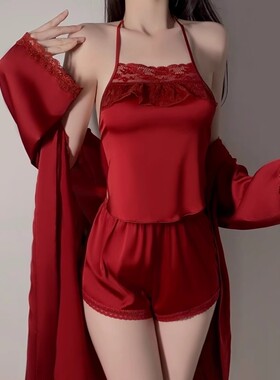 夏季纯欲风冰丝性感睡衣肚兜女成人禁欲系蕾丝吊带短裤家居服套装