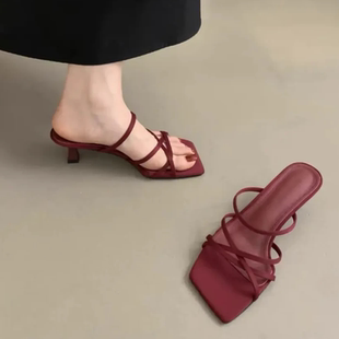 蔡师傅高跟红色法式小凉拖鞋仙女中跟新网红夏季配裙子细带罗马鞋