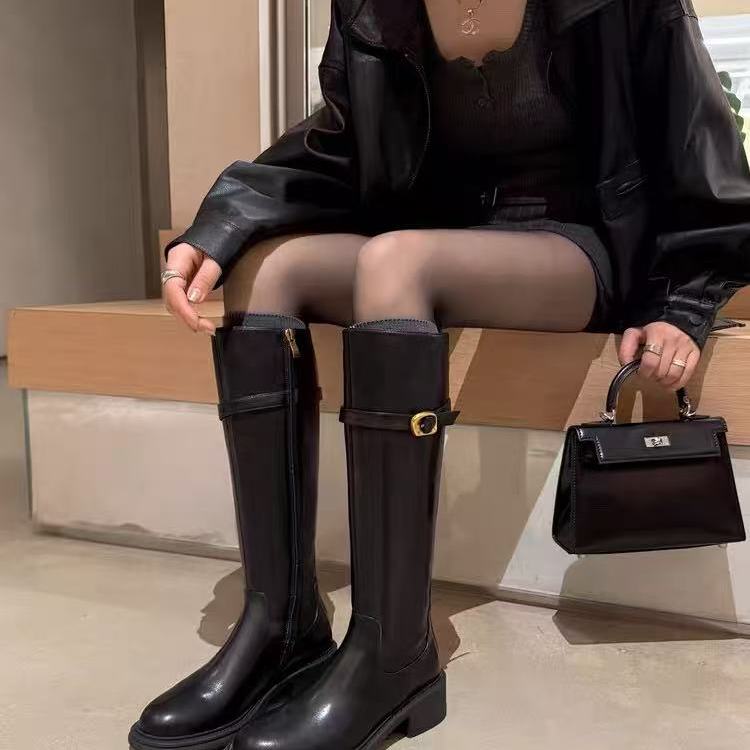 欧洲站2025秋冬新款真皮骑士靴女加绒不过膝粗跟圆头侧拉链长筒靴