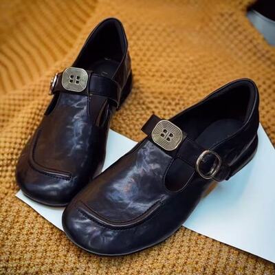 羊皮版/法式复古名媛气质玛丽珍女2025春秋新款手抓羊皮低跟单鞋