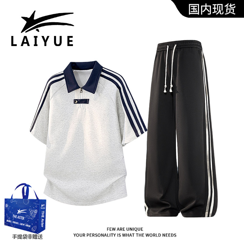 ins风日系学院风polo衫套装男夏季宽松显瘦直筒休闲裤两件套潮