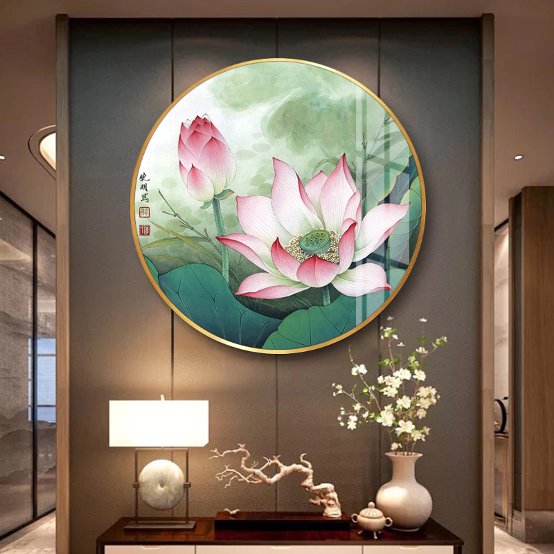 荷花图装饰画圆形挂画中式客厅餐厅书房莲花背景卫生间净秽图壁画图片