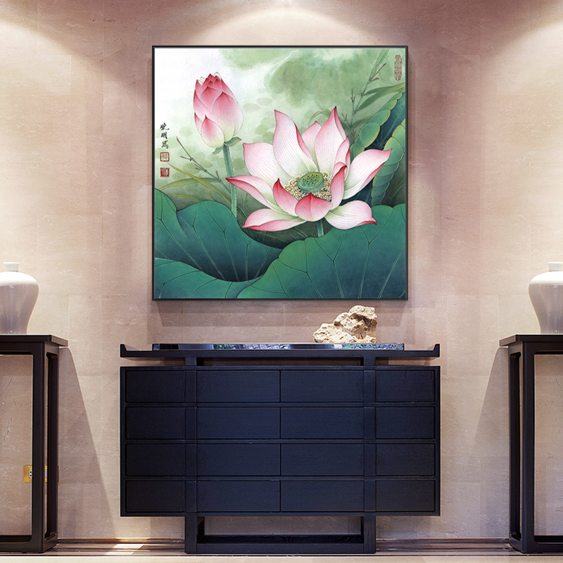 荷花图挂画带框正方形卫生间净秽图壁画玄关背景客厅莲花图装饰画图片