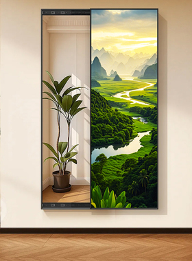 风景山水蓝天白云暗藏式推拉关闭全身镜子装饰画隐形式穿衣镜挂画