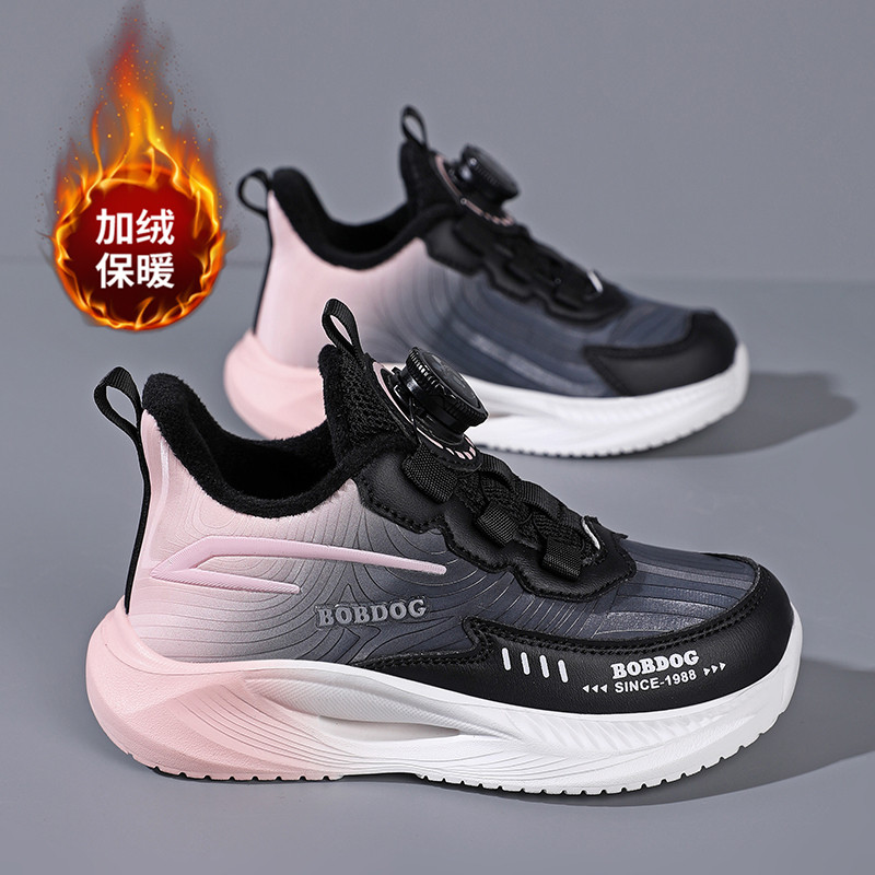 巴布豆女童棉鞋2025冬季新款加绒保暖儿童跑步鞋黑色女孩运动鞋