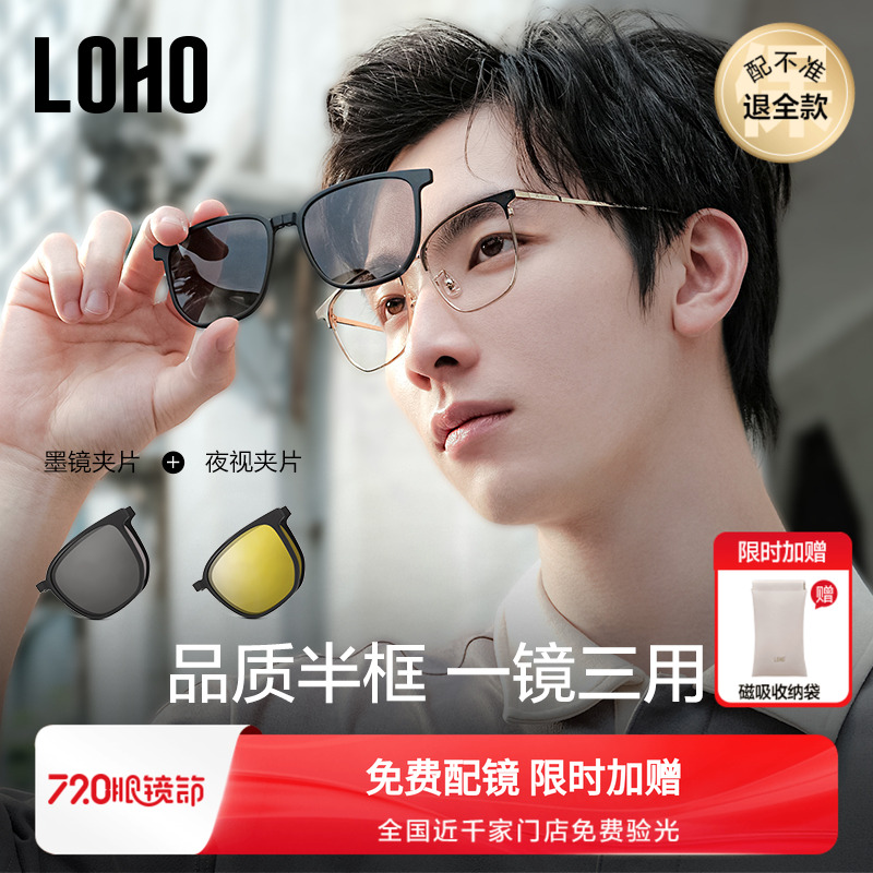 【一镜三用】LOHO近视眼镜磁吸墨镜半框大框套镜太阳镜夹片带度数