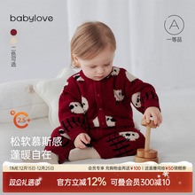 babylove婴儿连体衣秋冬宝宝睡衣半边绒保暖圣诞哈衣爬服毛绒衣服