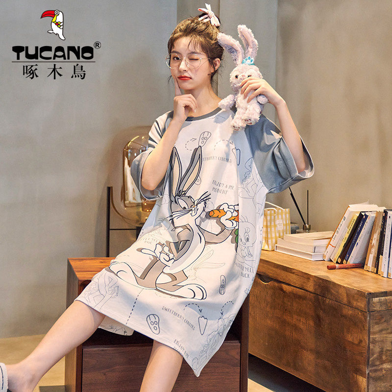啄木鸟甜美女士睡裙夏款短袖中长裙睡衣女夏季清新学生休闲家居服