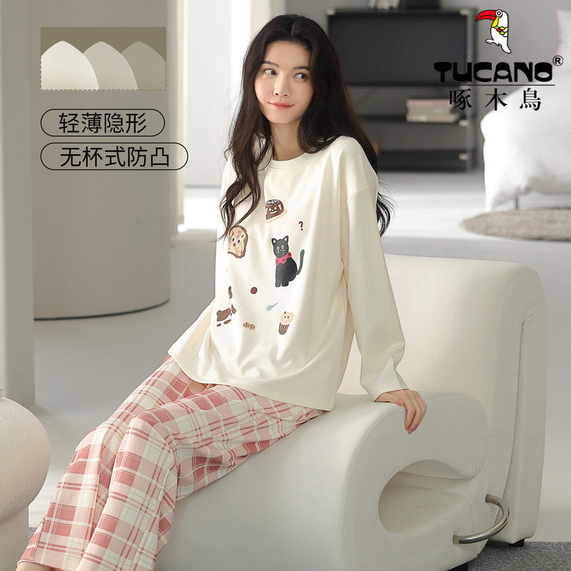 啄木鸟带胸垫女士睡衣女款春秋夏季纯棉长袖长裤可外穿家居服套装