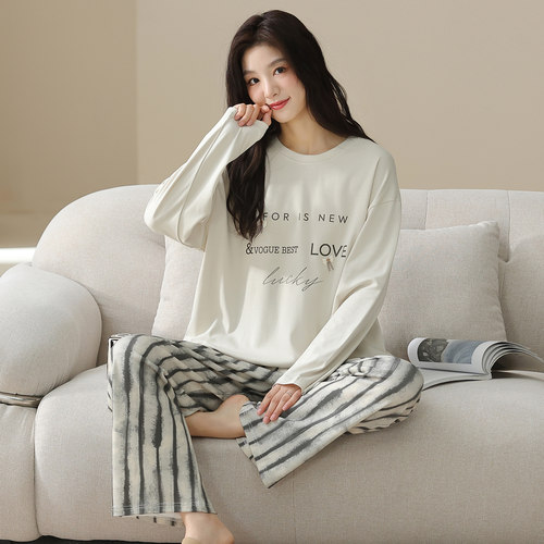 啄木鸟睡衣女款春秋季纯棉家居服