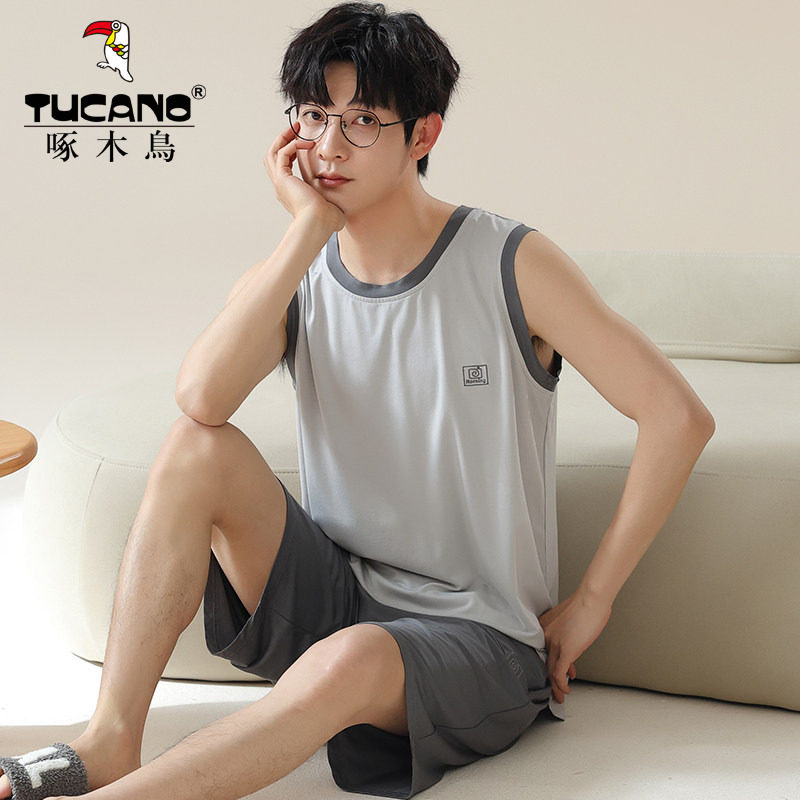 啄木鸟男士睡衣夏季莫代尔无袖背心短裤套装宽松加肥加大码家居服