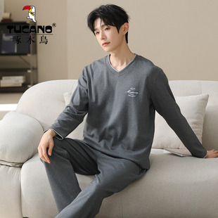啄木鸟100%纯棉男士睡衣春秋天长袖长裤套头家居服套装休闲可外穿