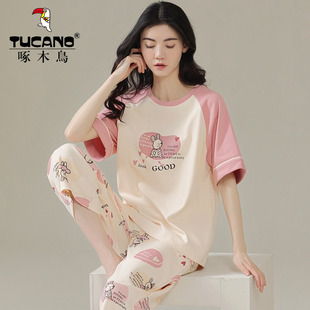 装 啄木鸟纯棉两件套睡衣女夏季 春秋天薄款 七分裤 可外穿家居服 短袖