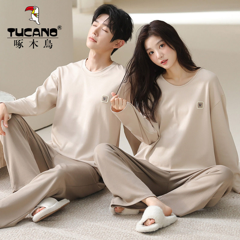 啄木鸟纯棉情侣睡衣春秋天男士女长袖长裤休闲款可外穿家居服套装