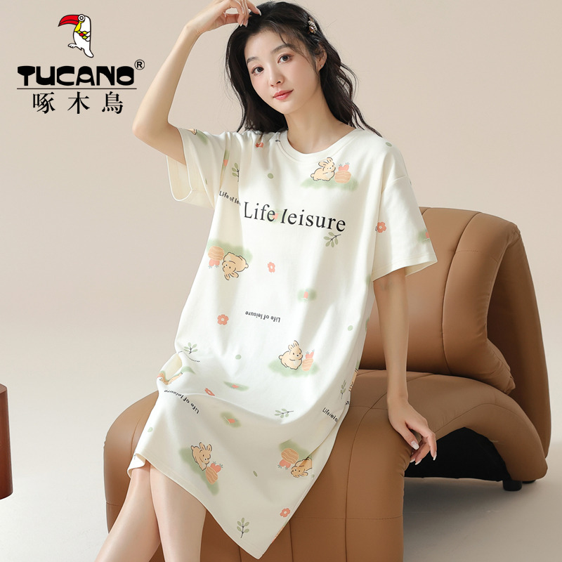 可爱睡裙女夏季纯棉短袖中长款