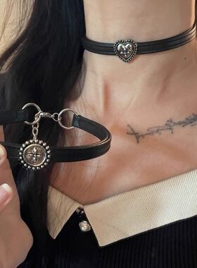 做旧款复古颈链黑色皮革choker项圈暗黑朋克风亚文化锁骨链项圈薄