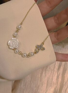 复古超仙玫瑰花项链~春季新款ins小众蝴蝶珍珠锁骨链女颈链