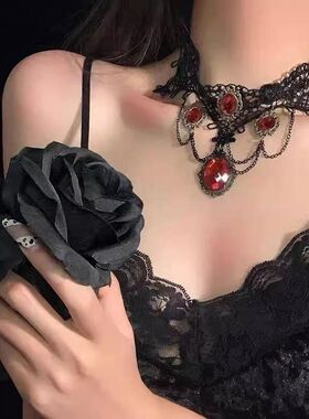 万圣节暗黑猩红锆石蕾丝花边流苏项链女小众复古辣妹氛围颈链配饰