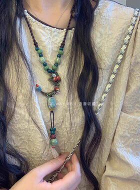 民族风复古文艺国风棉麻陶瓷项链女蝴蝶森系百搭长款毛衣链流苏挂