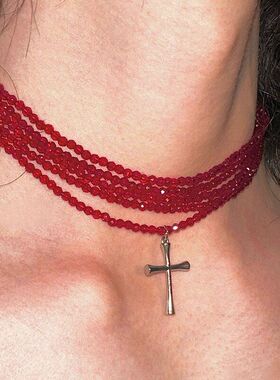 轻奢精致多层红色串珠十字架吊坠项链女甜酷个性小众高级感锁骨链