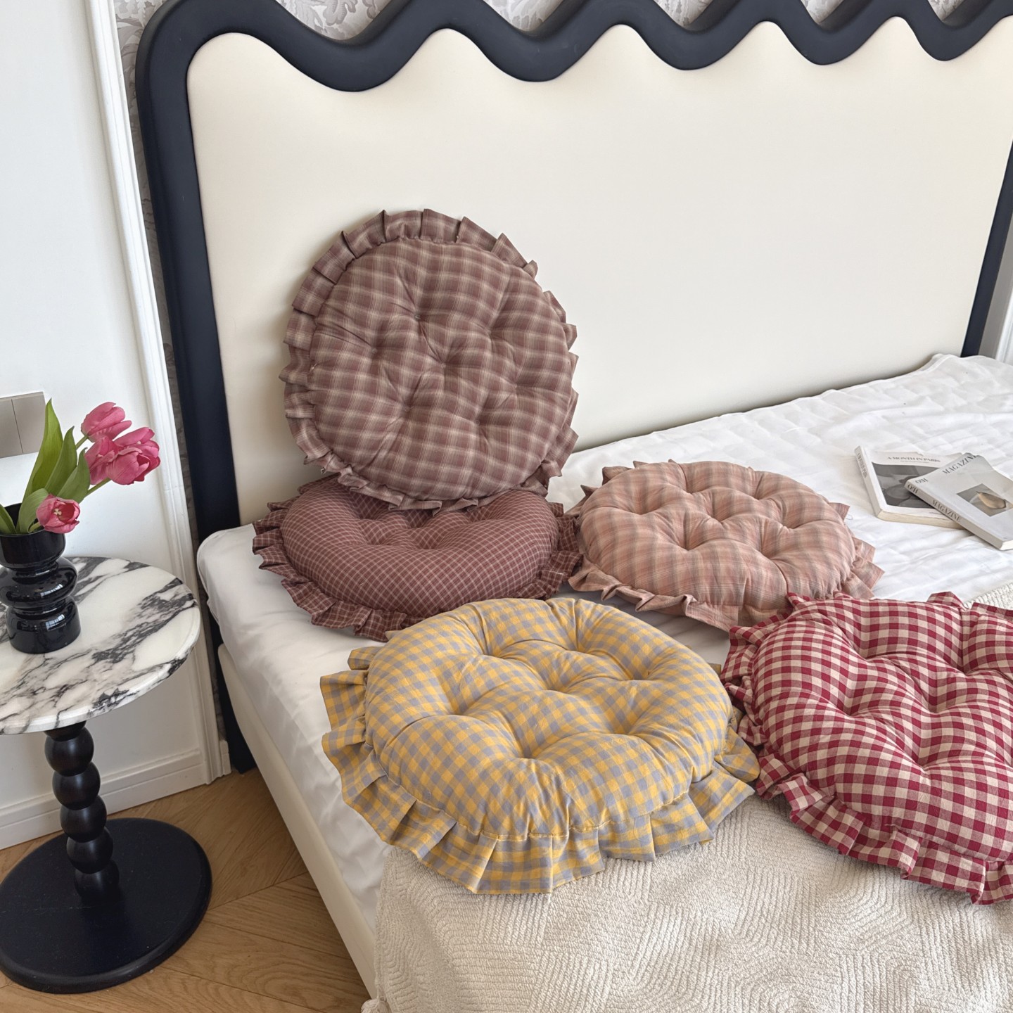 复古风格子全棉色织水洗棉花边坐垫椅垫办公室久座座垫圆形屁垫